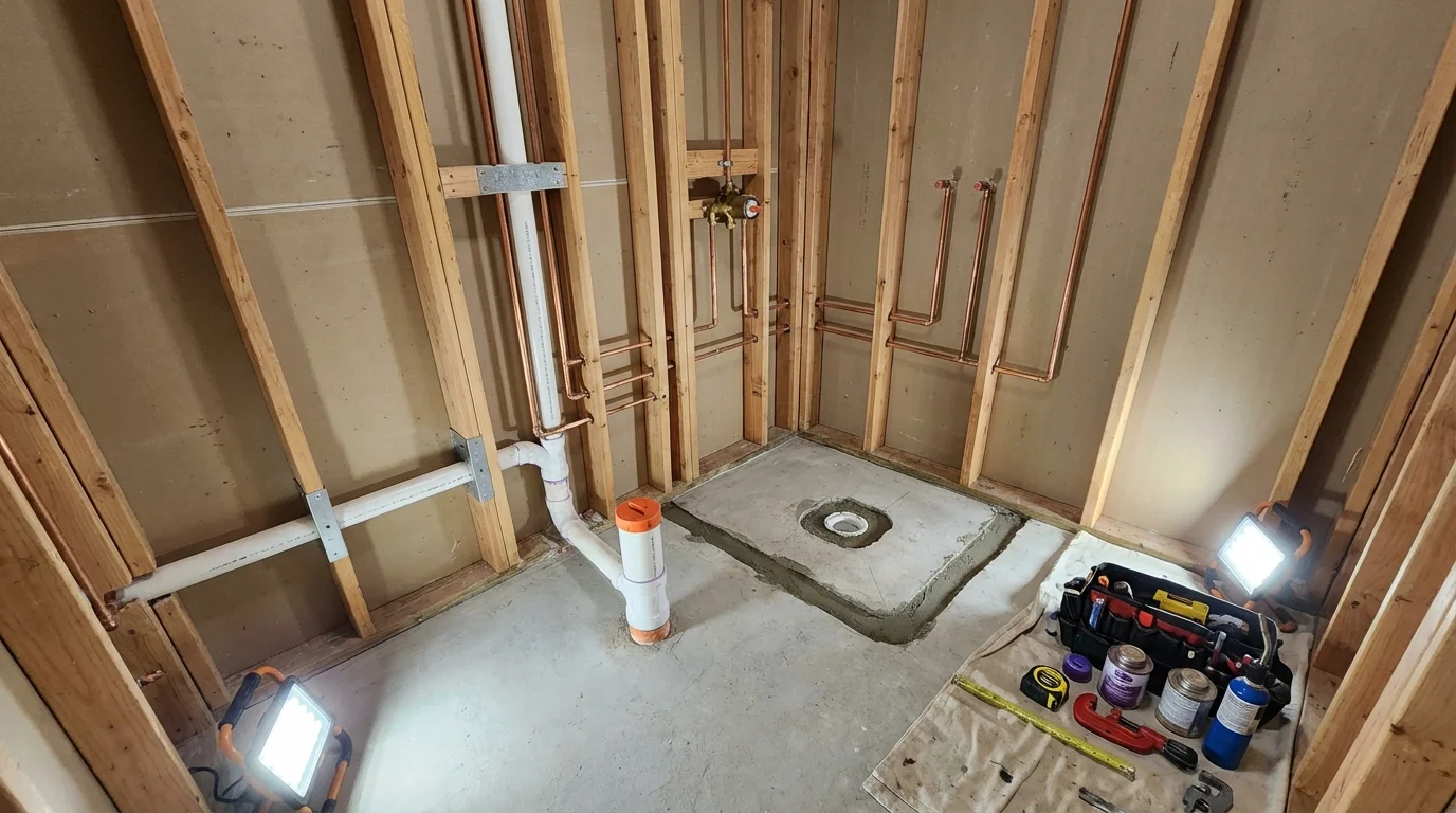 Bathroom rough-in plumbing during remodel by Johns Plumbing LLC in Souderton