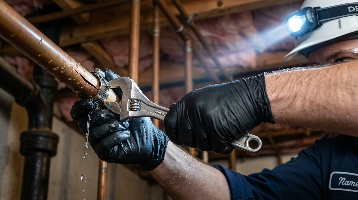 Emergency pipe clamp repair being performed by a Johns Plumbing LLC plumber in Souderton