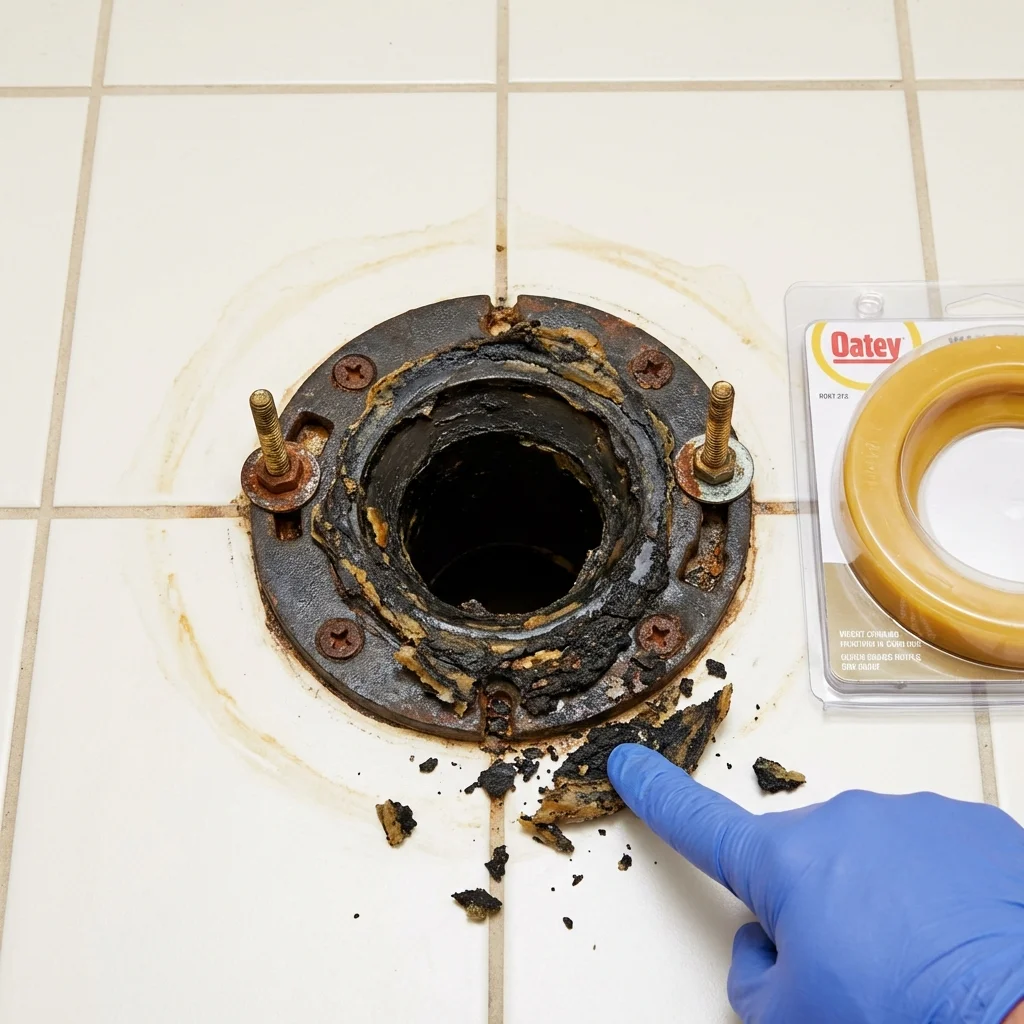 Failed wax ring showing water seepage at the base of a toilet in a Souderton, PA home