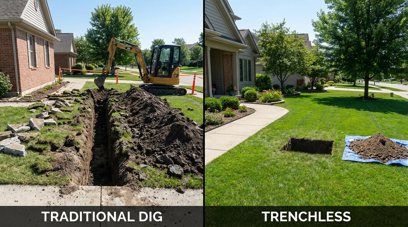 Trenchless sewer repair with minimal yard damage versus traditional excavation in Souderton, PA